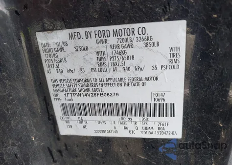 2008 Ford F150 Supercrew from USA, damaged, VIN 1FTPW14V28FB08279